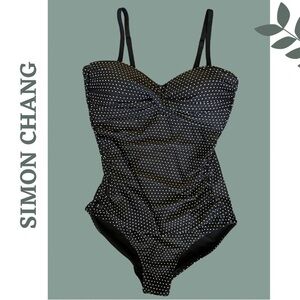Simon Chang Women's One Piece Swimsuit Black White Polka Dot Size 16